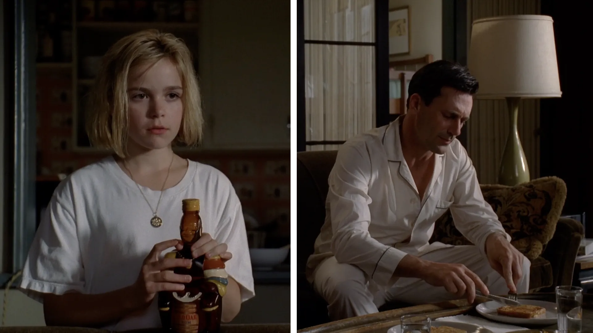 Sally holding a bottle of rum and Don eating french toast.