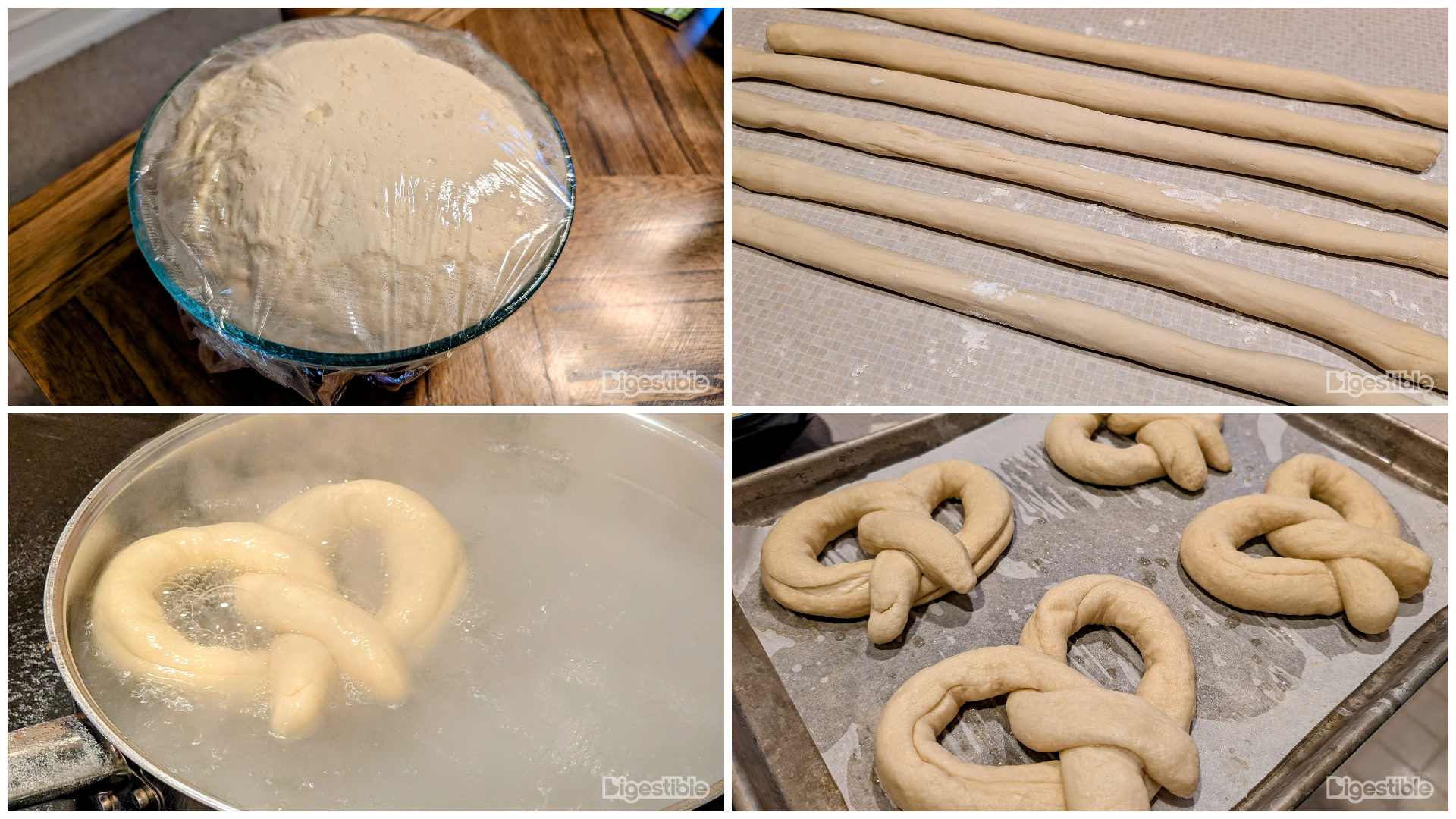 Dough in a bowl, dough rolled into snakes, a pretzel boiling, and four pretzels on a pan.