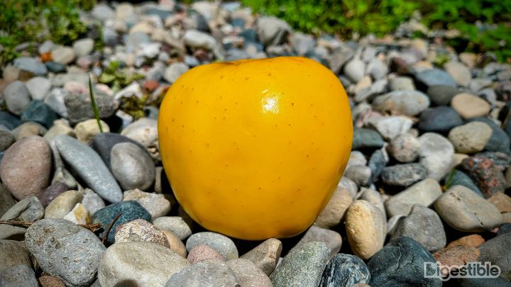 A yellow apple in stones.