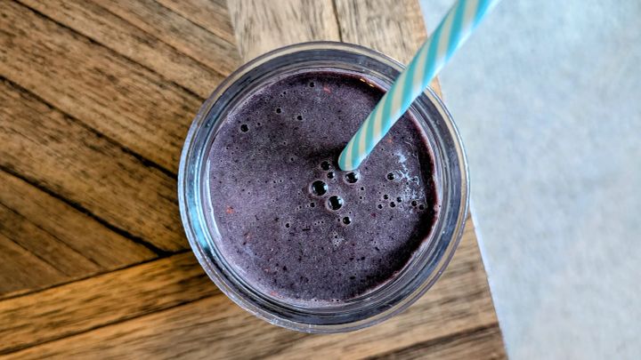 Top down view of a purple smoothie.