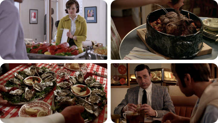A woman looking at lobster, a roast beef, two big plates of oysters, and a man eating a sandwich.