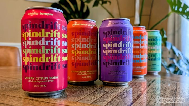 Five flavors of Spindrift Soda on a table.