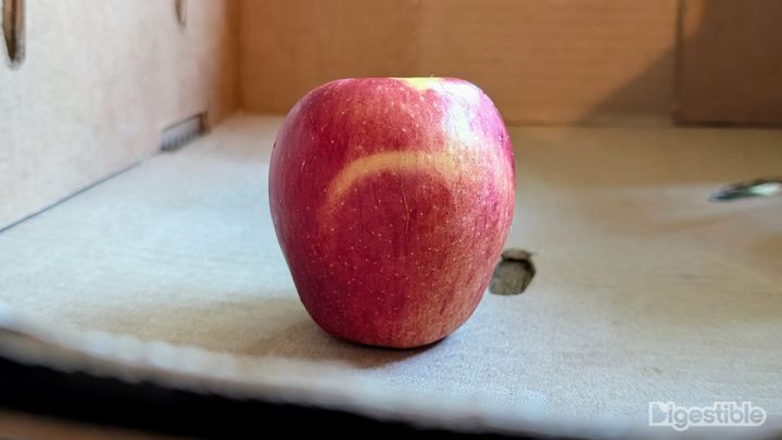 Red apple sitting in a cardboard box.
