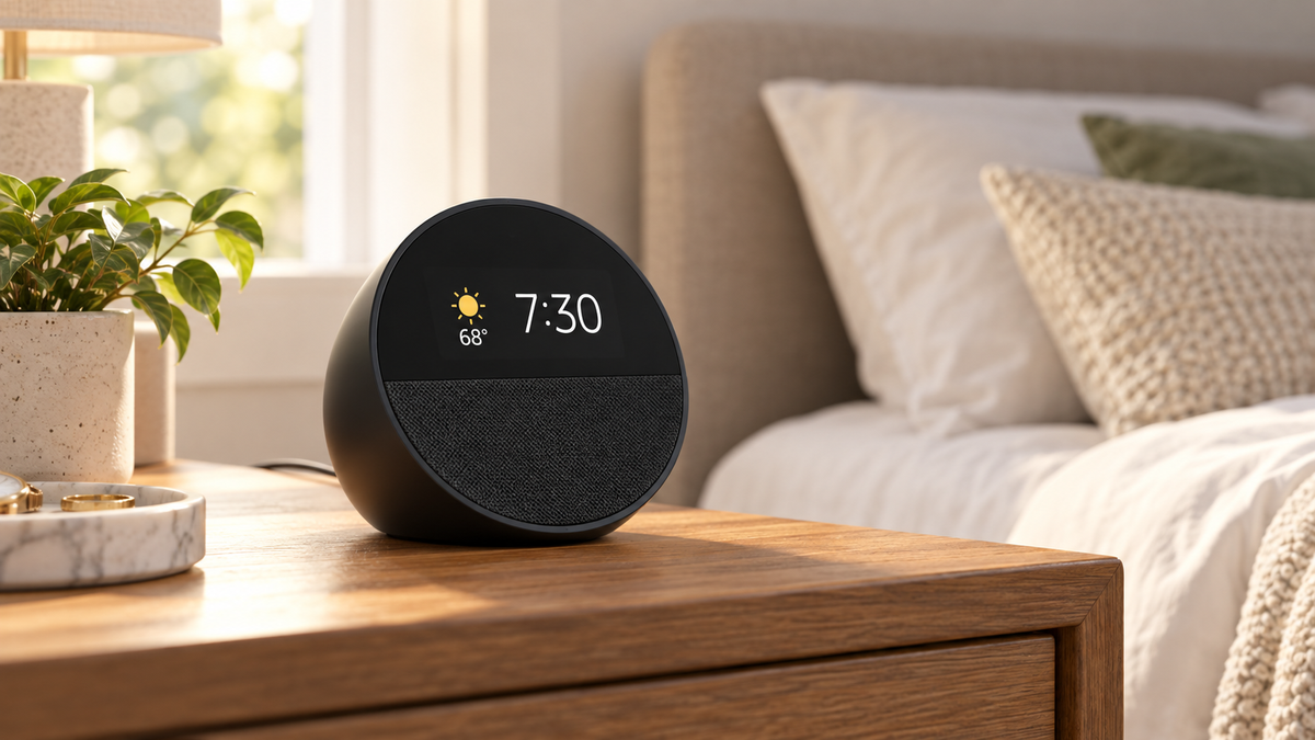 Amazon Echo Spot 2024 smart alarm clock on a nightstand displaying time and weather