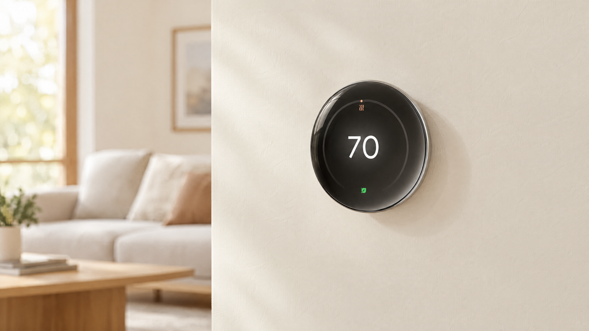 Google Nest Learning Thermostat fourth generation mounted on a light wall in a sunlit living room