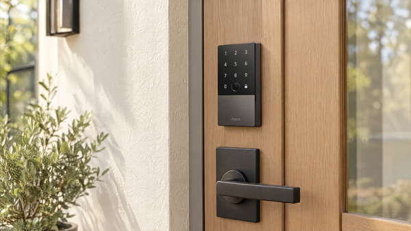 Aqara Smart Lock U100 keypad and fingerprint reader mounted on a wooden front door above a separate handle