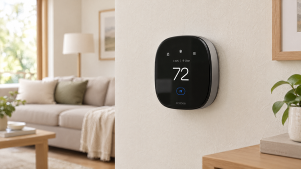 ecobee Smart Thermostat Premium mounted on a light wall in a sunlit living room