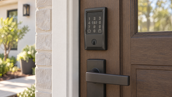 Schlage Encode Plus touchscreen deadbolt mounted on a dark wooden front door above a separate handle