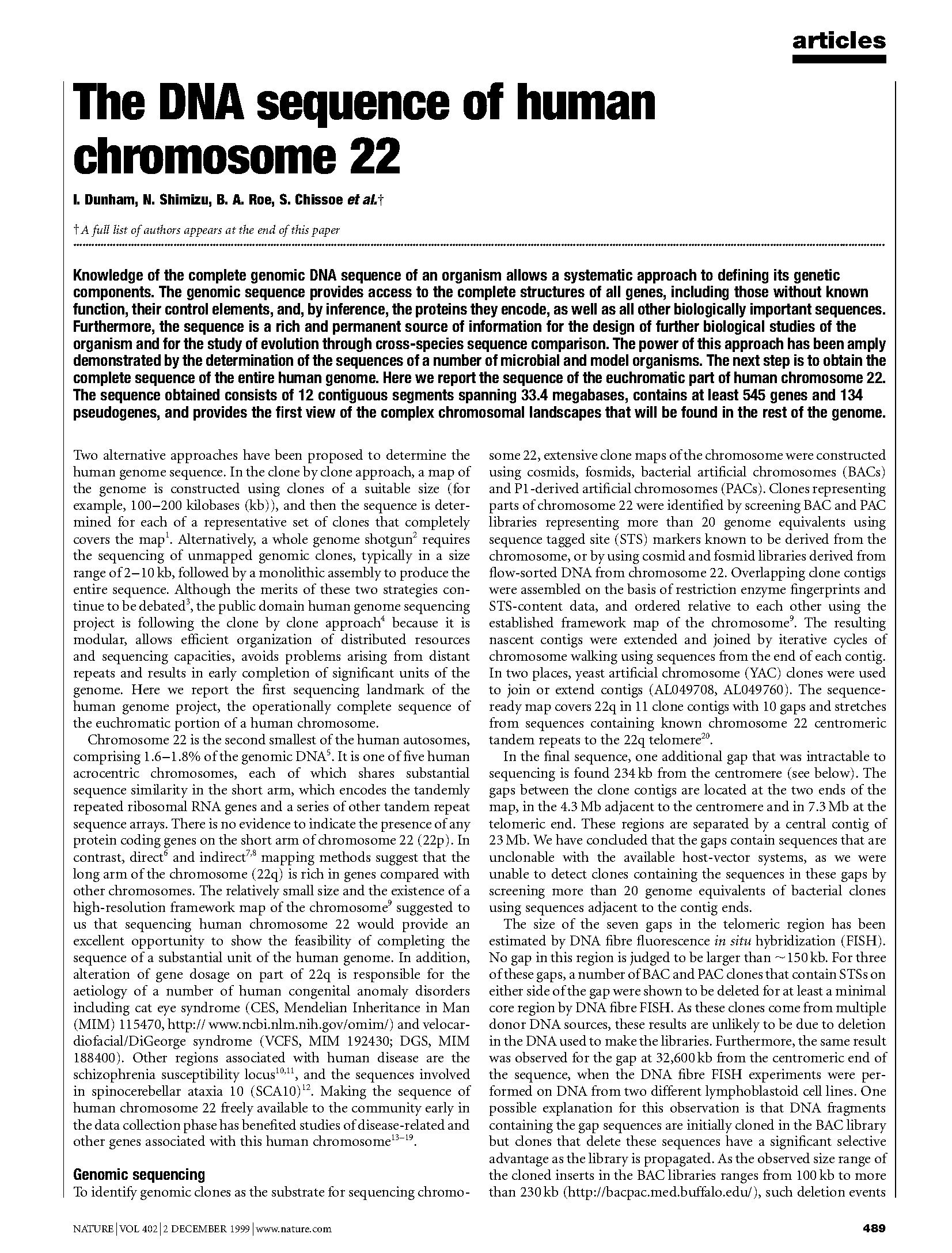 page of text from a research article, the title reads: "The DNA sequencing of Chromosome 22"