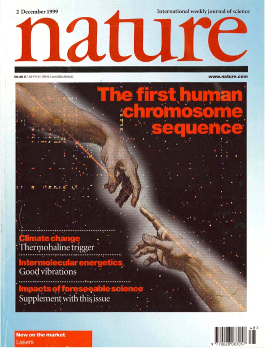 Journal cover featuring an image of two hands pointing at each other and almost touching, with the text: "Nature" and "the first human chromosome sequence"