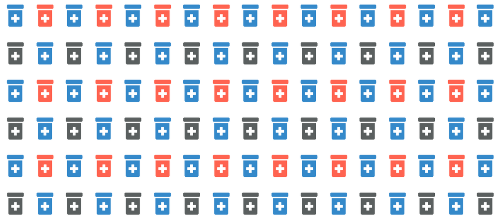 A pattern of different-coloured pill bottles
