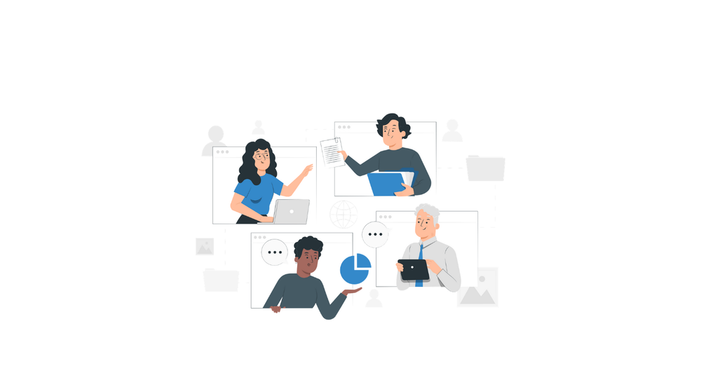 Graphic representing virtual working, in which four characters share files and discuss data. 