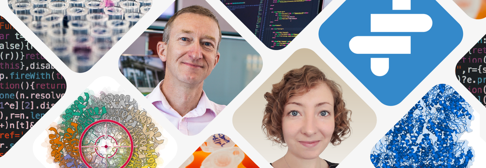 A composite image featuring Andrew Leach, Melanie Schneider, the Open Targets logo, representations of the proteasome