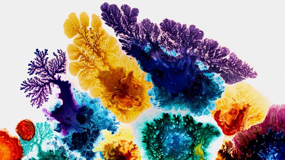 Colourful alcohol ink spreading out in tree-like patterns that bring to mind biological structures. 