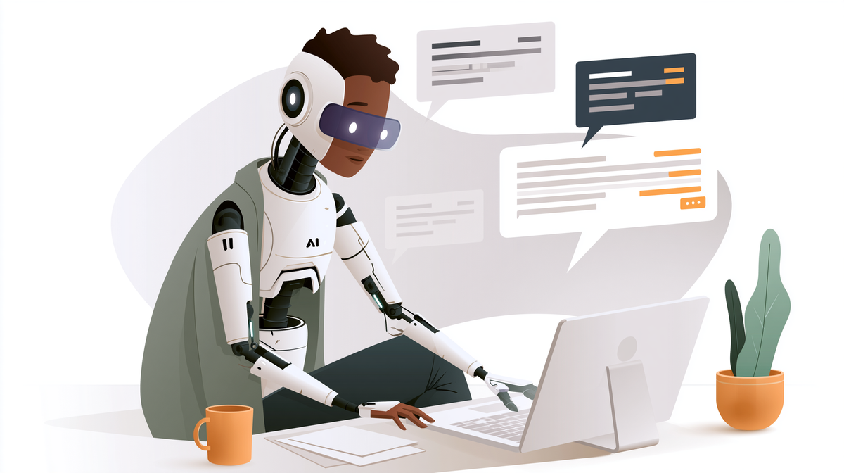 Illustrasjon av en skikkelse som er halvt menneske og halvt robot, i arbeid ved en datamaskin