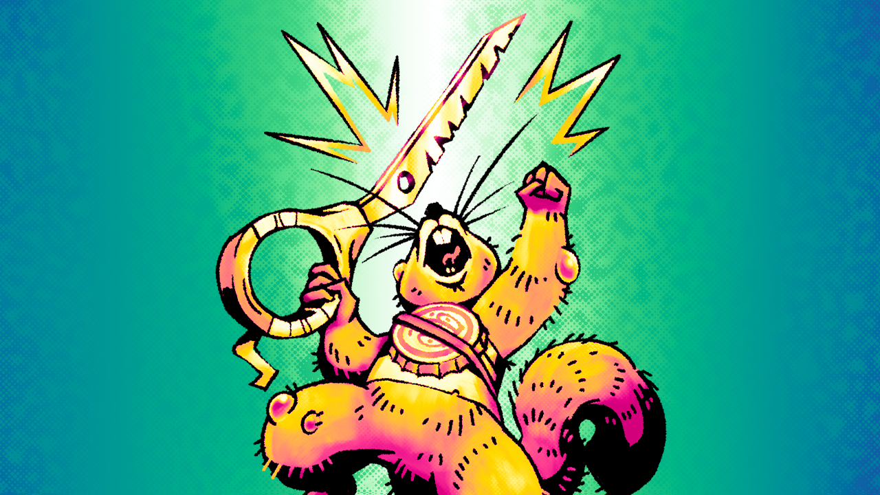 An armored squirrel wields half a pair of scissors 