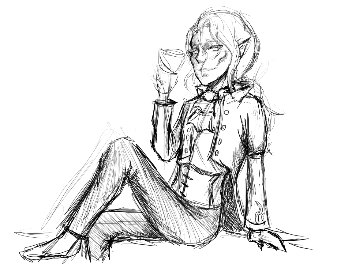 A Dhampir Prince looks at the viewer sitting laying his back against a wall. They have a cup of wine in hand while they look charmingly at the viewer
