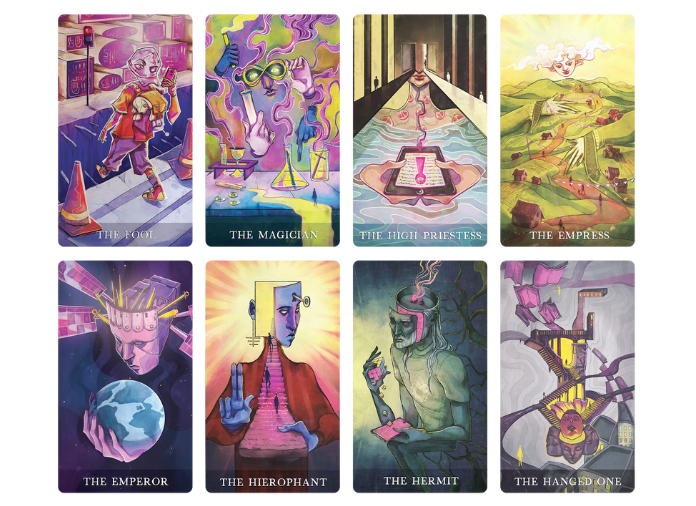 The Fool, The Magician, The High Priestess, The Empress, The Emperor, The Hierophant, The Hermit, The Hanged One.