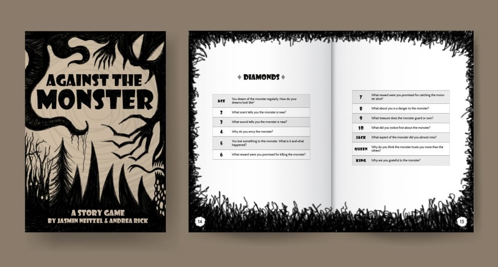 Cover in English and an example spread of the random tables with a fur-like texture around it