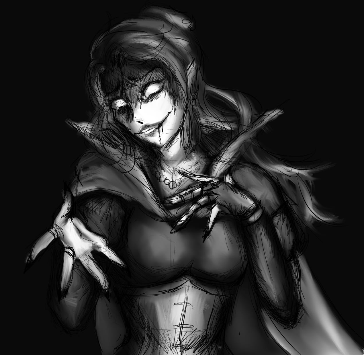 The Vampyr Queen extends her hand towards the viewer, with a creepy smile in her face. She wears victorian clothing