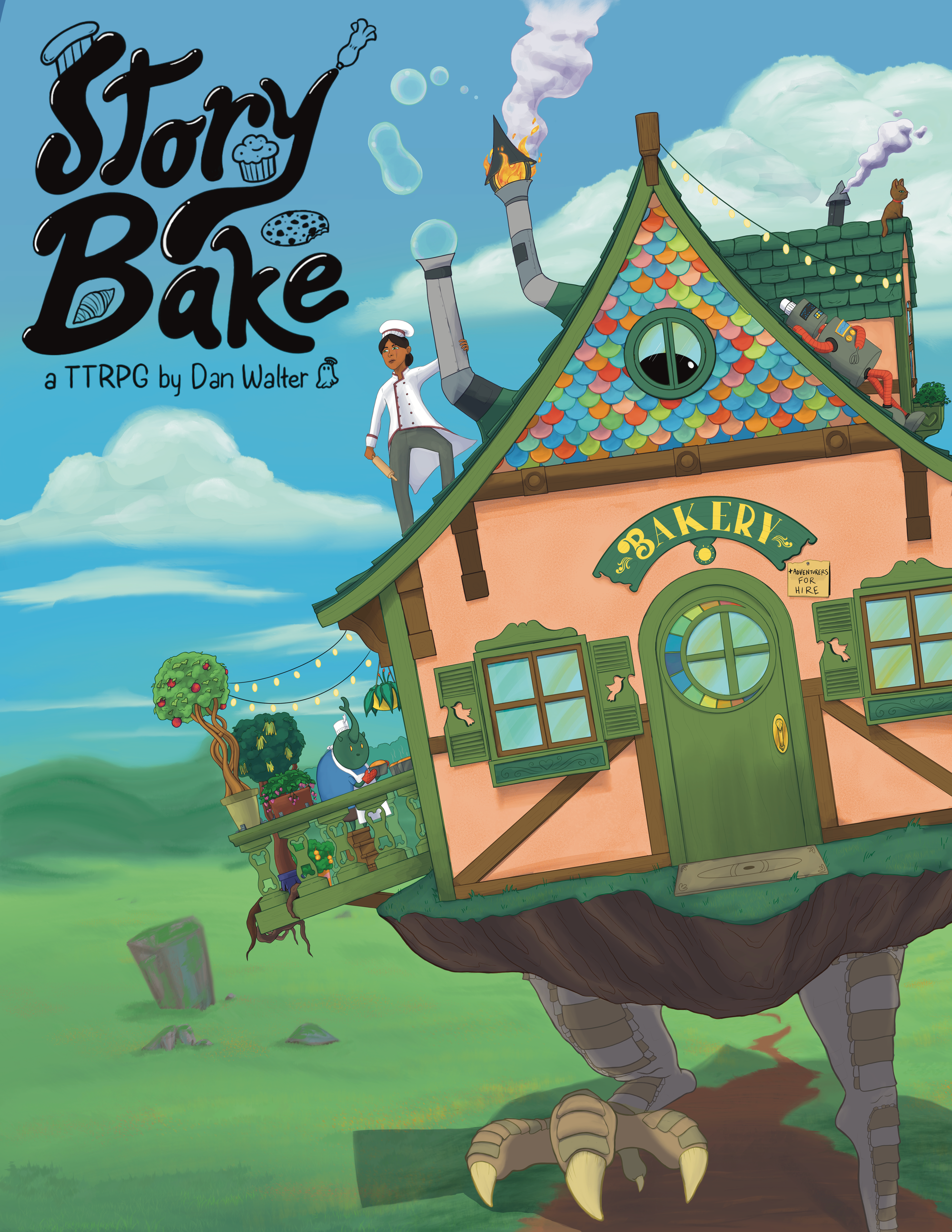 A building with the sign "bakery" walks across the landscape on chicken legs. 3 bakers sit on its roof.