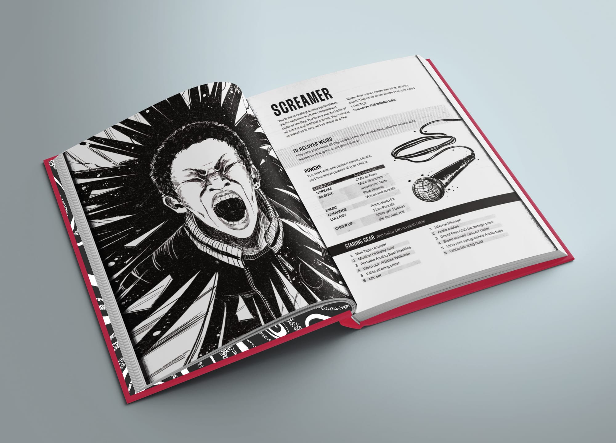 Book spread: angry screamer shatters glass