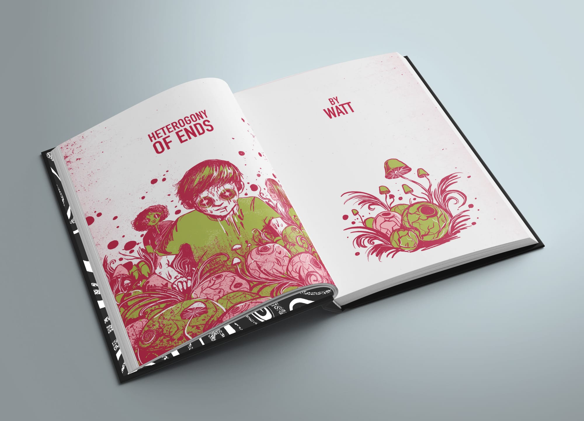 Book spread, scary kids, and flesh fungal pods