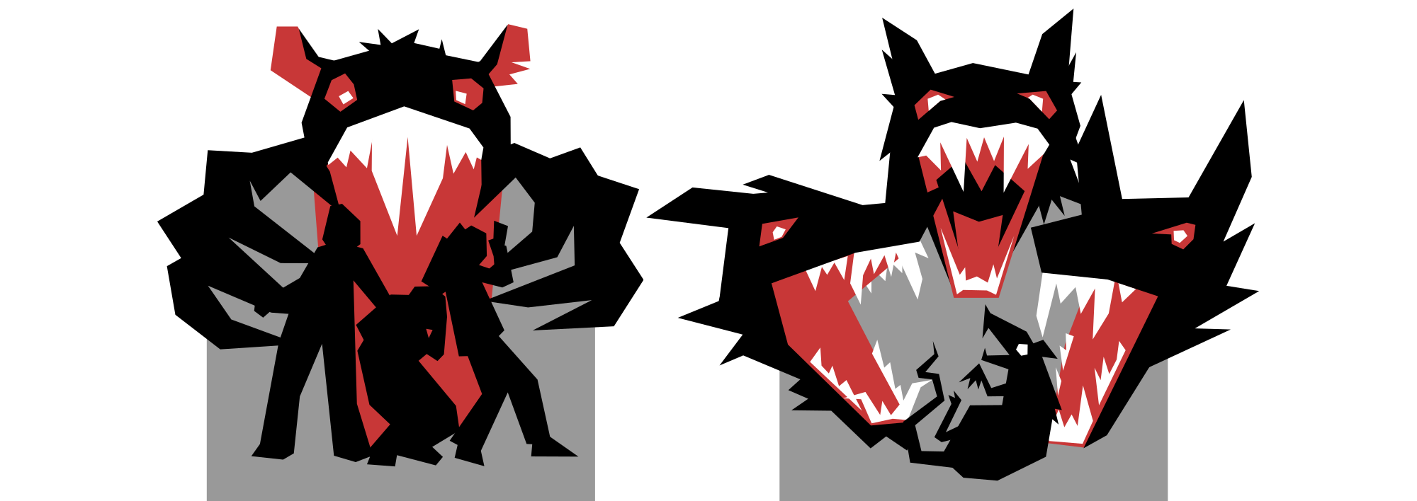 Two images, one of a rat-monster menacing three people, the other of three wolf heads menacing a pathetic rat creature.