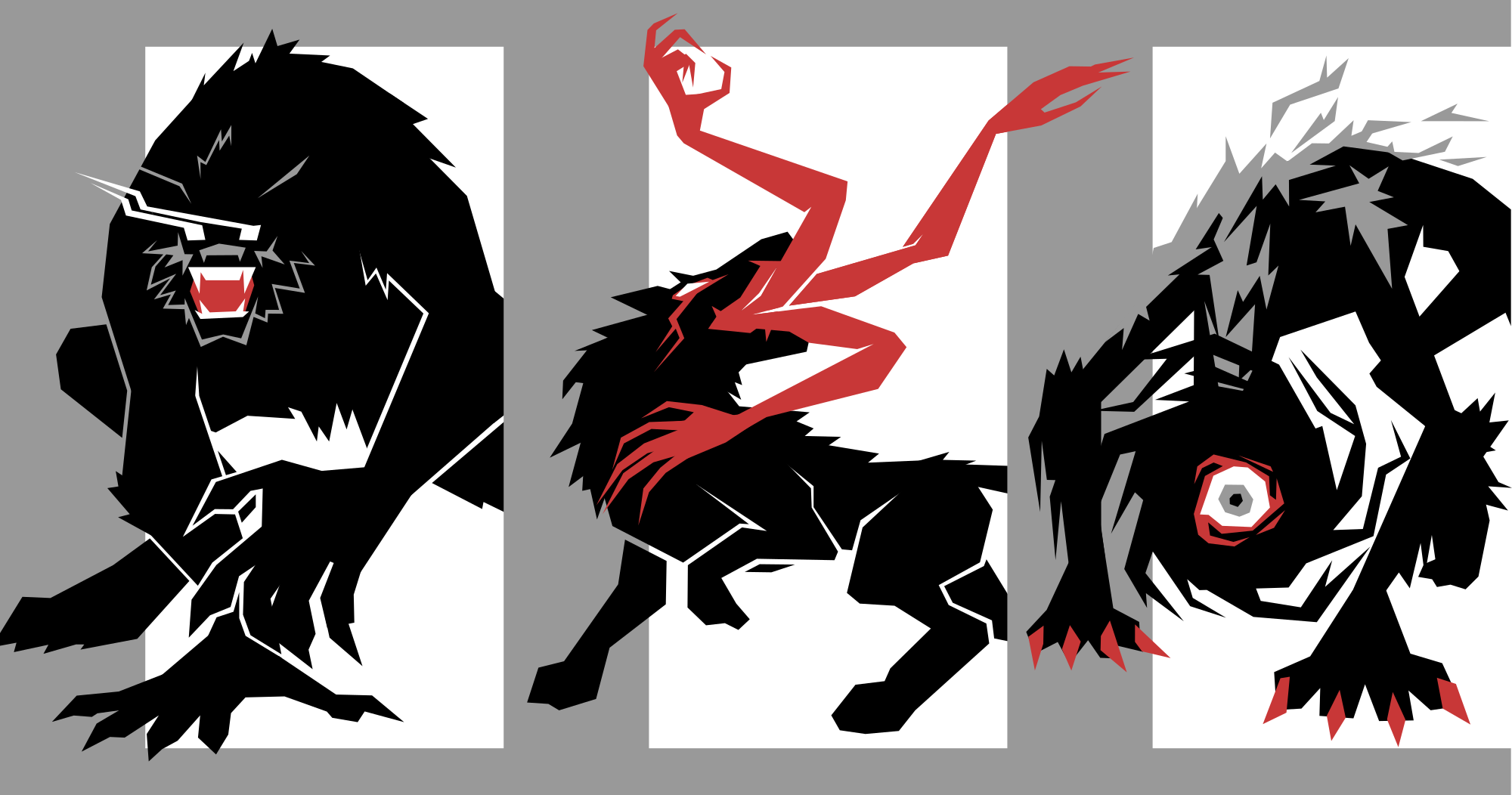 Three different werewolves, one hulking and bipedal, one with arms coming out of its mouth and one with an eye surrounded by a swirling mass.