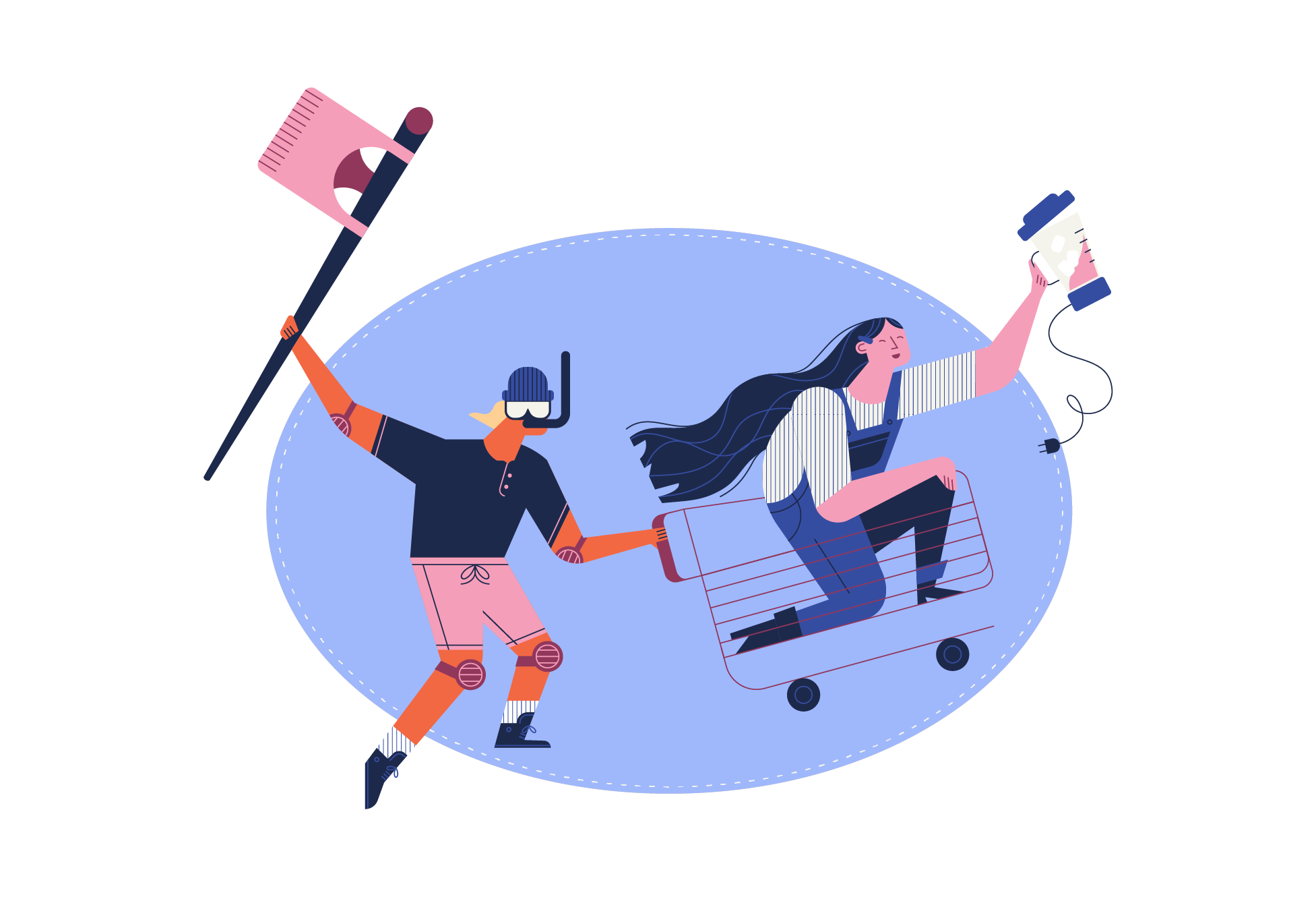 Two drunk idiots, one in a shopping cart and holding a blender being pushed by another wearing a snorkel, mask, and waving a sports bra flag.