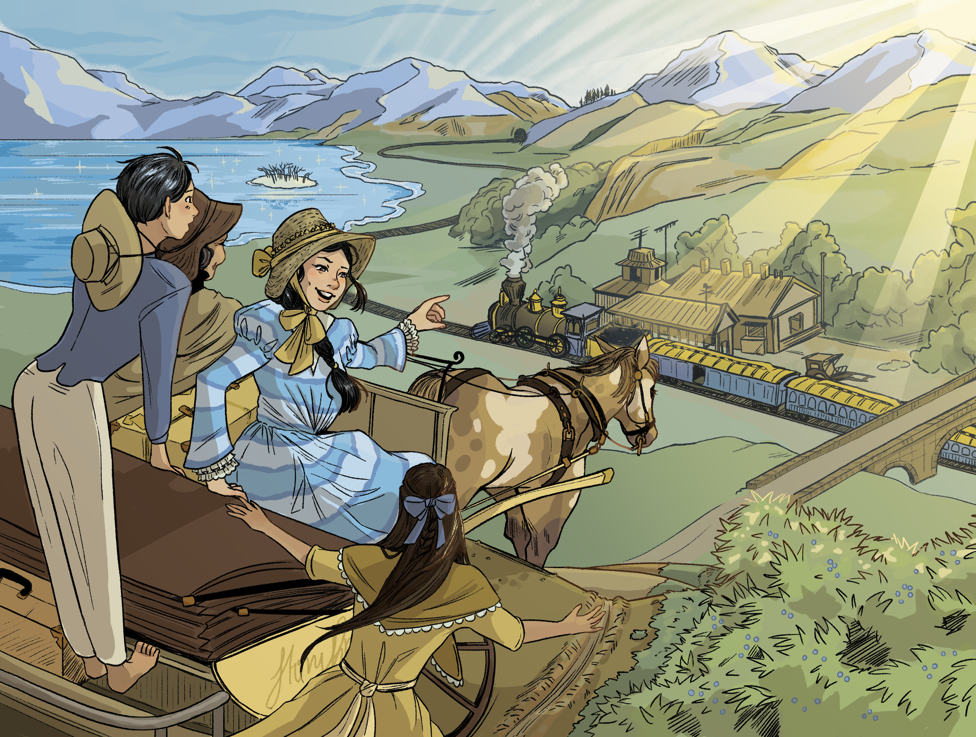 A horse-drawn carriage trundles down a country road, heading towards the train station, where a steam train awaits.