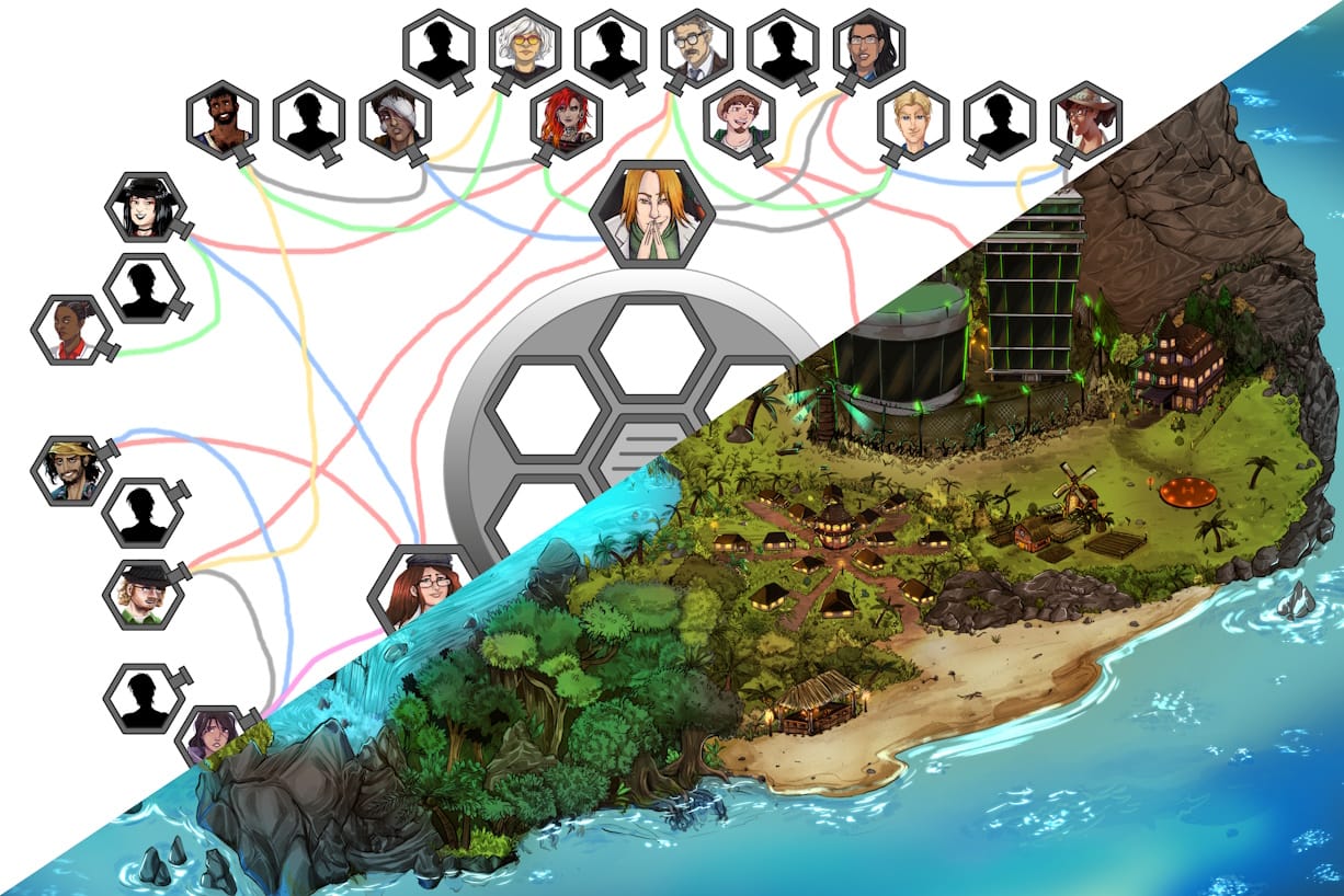 An image that shows half of the map of the island and half of the character shipping chart.