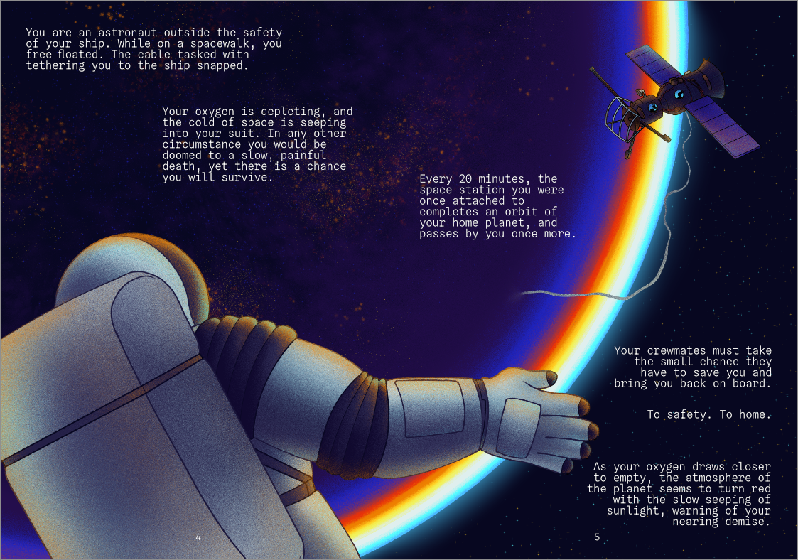Double page spread from The Edge of Survival, showing the astronaut untethered from their ship.