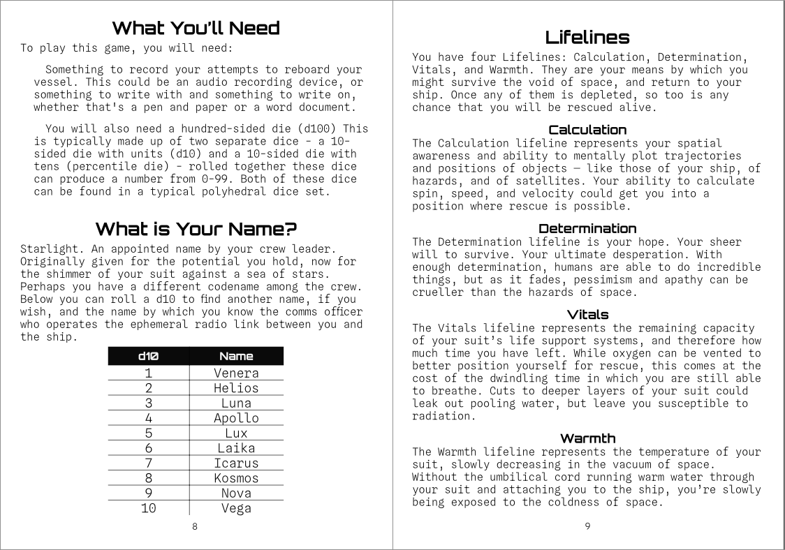 Adouble page spread from The Edge of Survival, including the overview of the Lifelines.