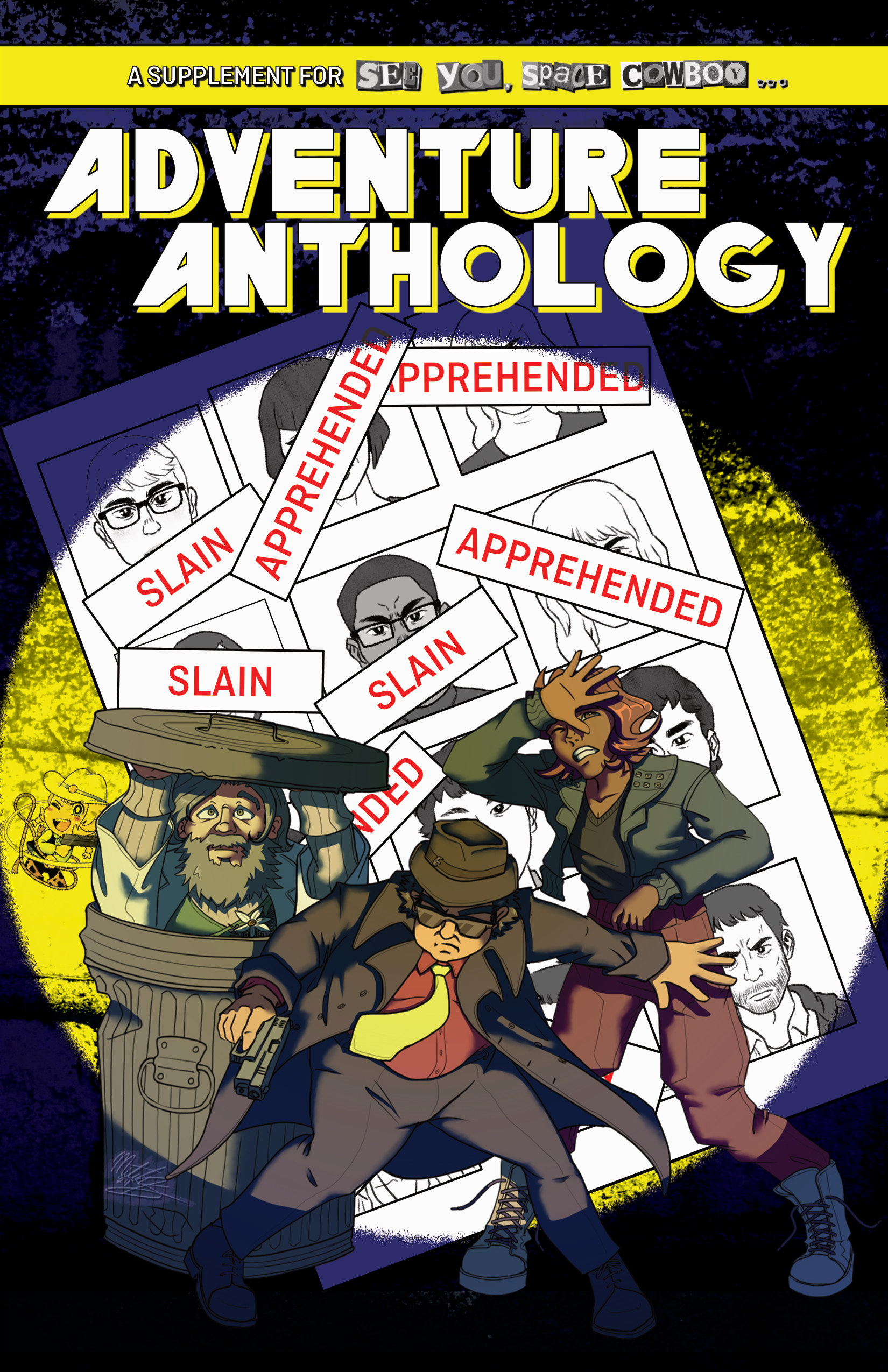 Sammy Sinclair (The Scat King of Ganymede), Emmy Acero (confused bisexual clone twink) and "Doctor" Pete Moss (disgraced botanist) hide from bounty-chasing authorities in a riff on John Byrne and Terry Austin's cover for The Uncanny X-Men issues #141 (Days of Future Past)