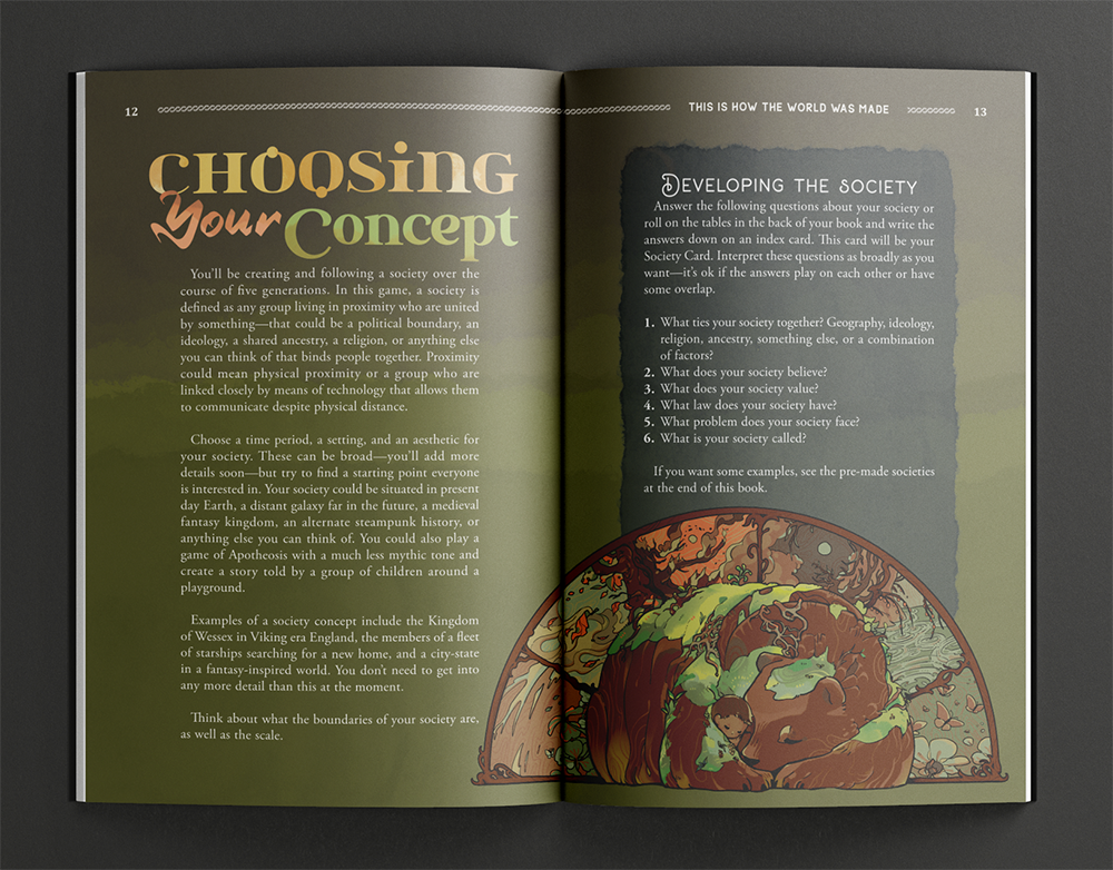 Layout mockup of Apotheosis, with rules text describing how to choose your society's concept. Art of a bear god cradling its human ward on the right.
