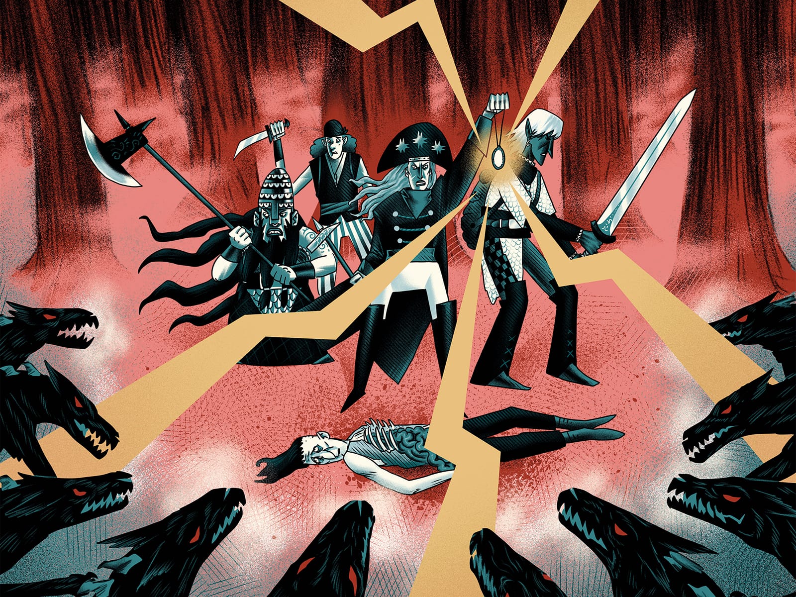 Done in an angular comic-book style, a party of adventurers faces a pack of demonic hounds. Behind them are trees in a bright red mist. All around the image are raptor like, red-eyed hounds. A dead body lies between the adventurers, consisting of (left to right) a dwarf with an ancient looking helmet, long flowing hair, and a brandished halberd; in the back, a scared looking pirate thief, to the right, a dark skinned elf in a bright chainmail and holding a sword in two hands; at the centre, a cleric in a Napoleonian looking uniform, holding a hammer and whose holy symbol is casting bright orange lightning. The characters are in blue, black, and white as are the shadows around the hounds.