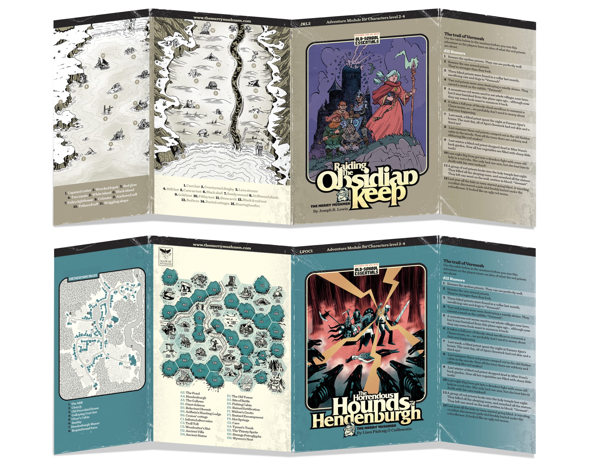 Two four-panel covers with maps and tables on each surface