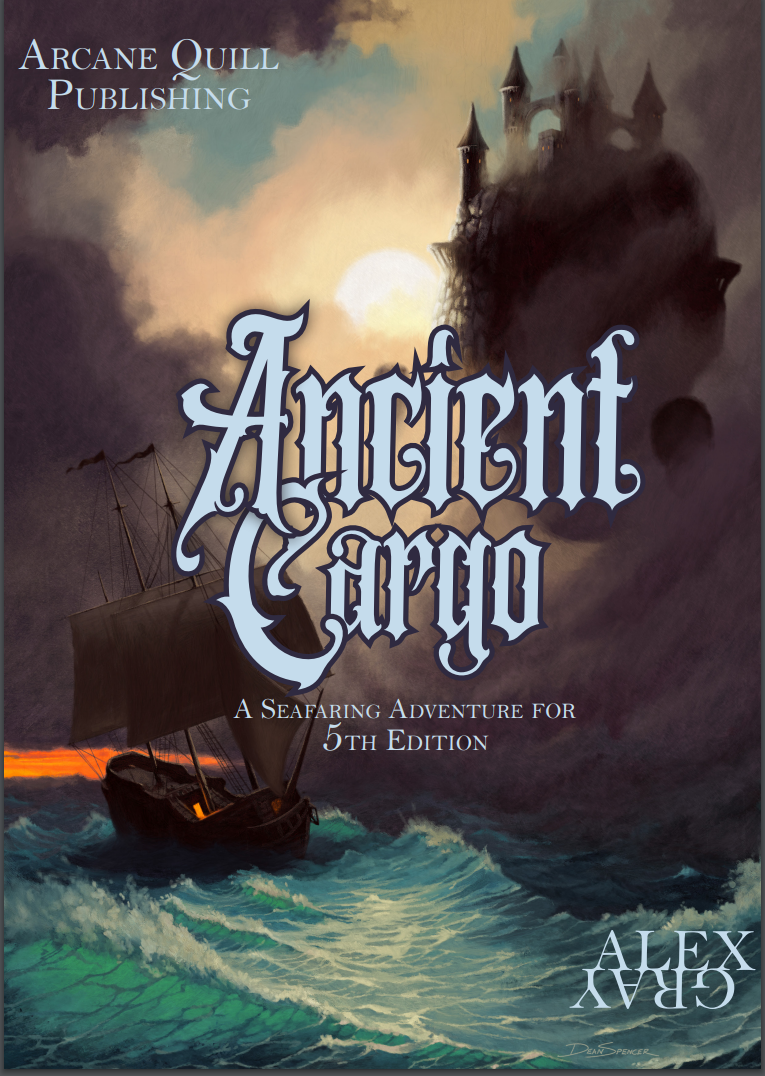 A ship on stormy seas comes across a floating castle in a bank of grey clouds. "Ancient Cargo" is written across the cover of the module.