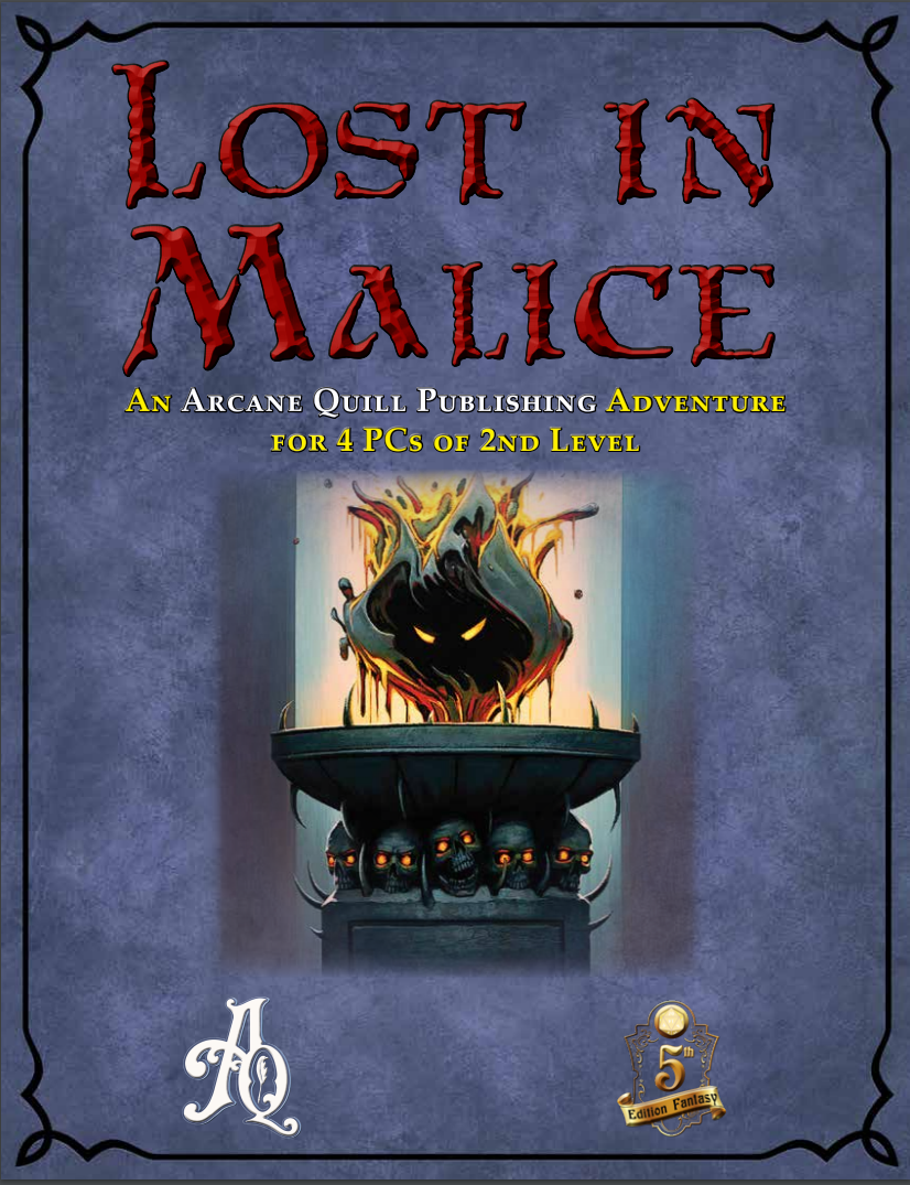 A blue book cover bears the title: Lost in Malice in red lettering. The central image depicts a pair of demonic eyes within a flaming brazier of skulls. 