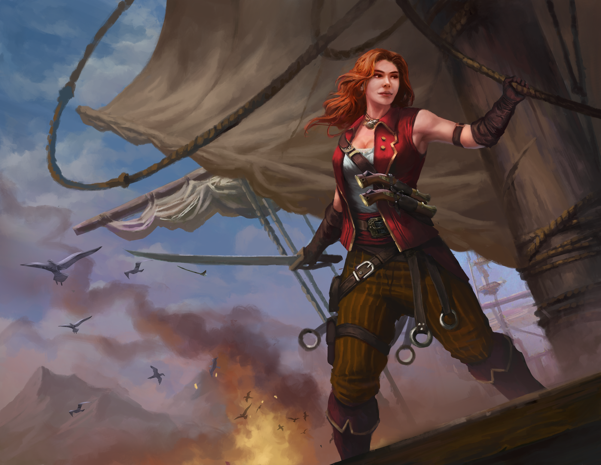 A woman with a cutlass in one hand and a brace of pistols strapped to her coat holds a rope and stands on a ship's deck, as an explosion bursts in the background.