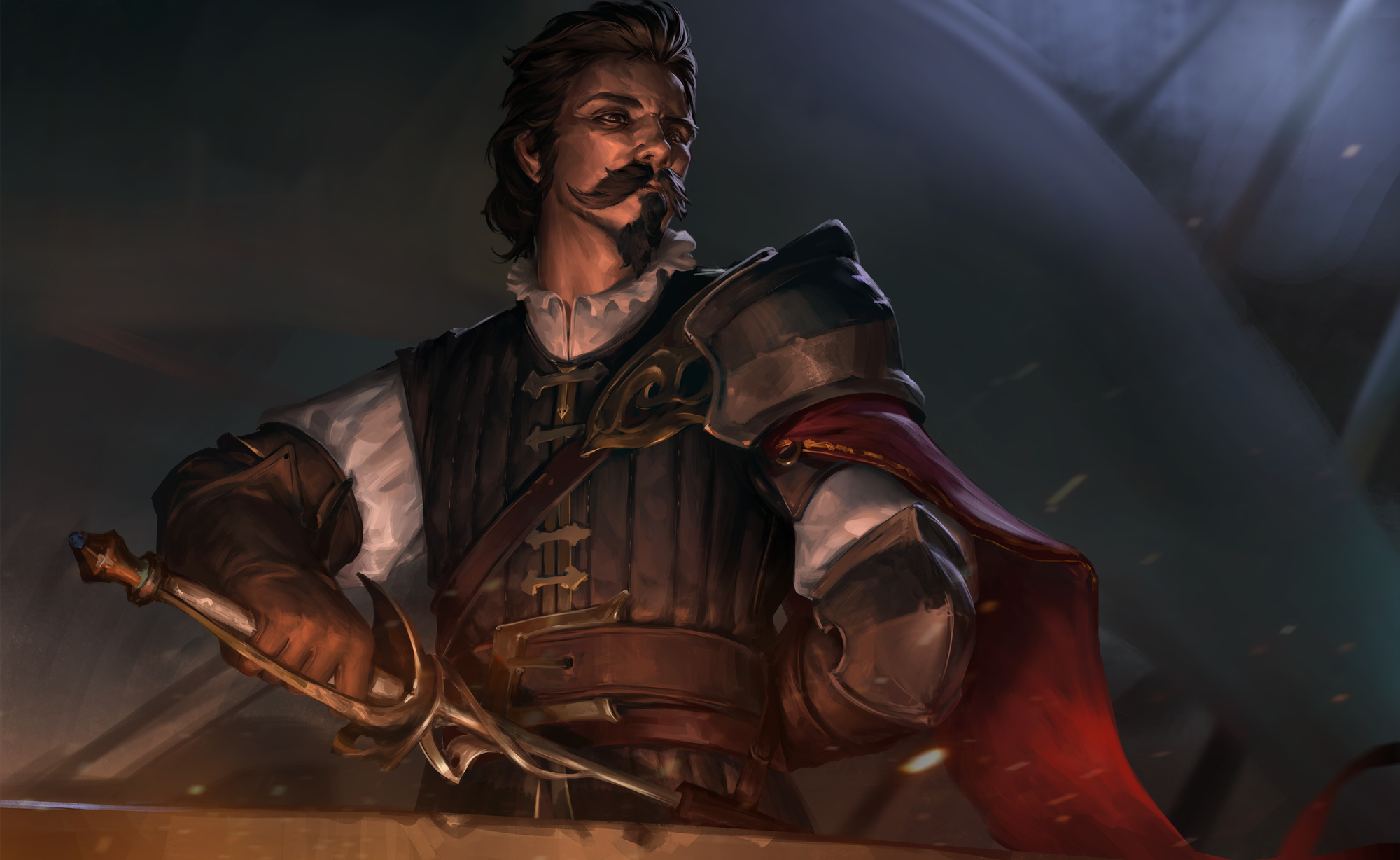 A man stands at a ship's rail, clad in leather armor and ruffled shirt, shoulder cape blowing in the salt breeze, slowly drawing a wicked rapier from its scabbard.