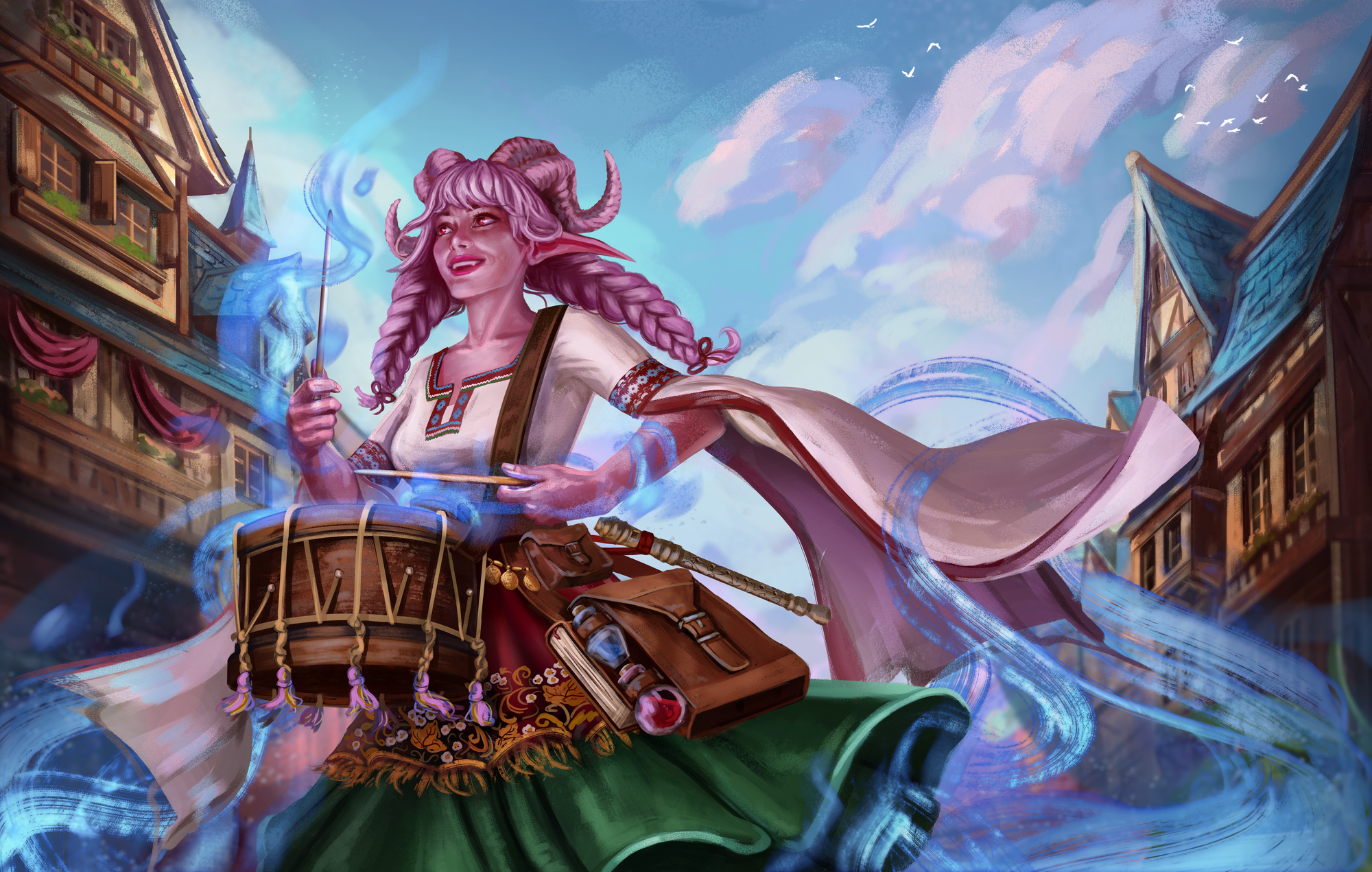 A pink-haired tiefling marches through a village, playing a snare drum, as magic swirls around her feet.