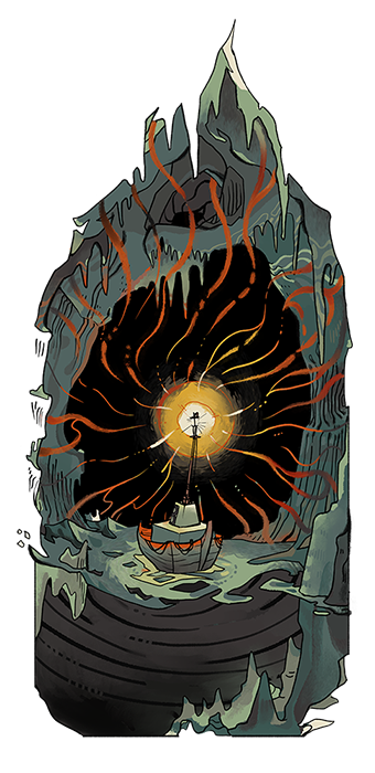 Art depicting a small boat with a lantern lit, sailing through water in a dark cavern.