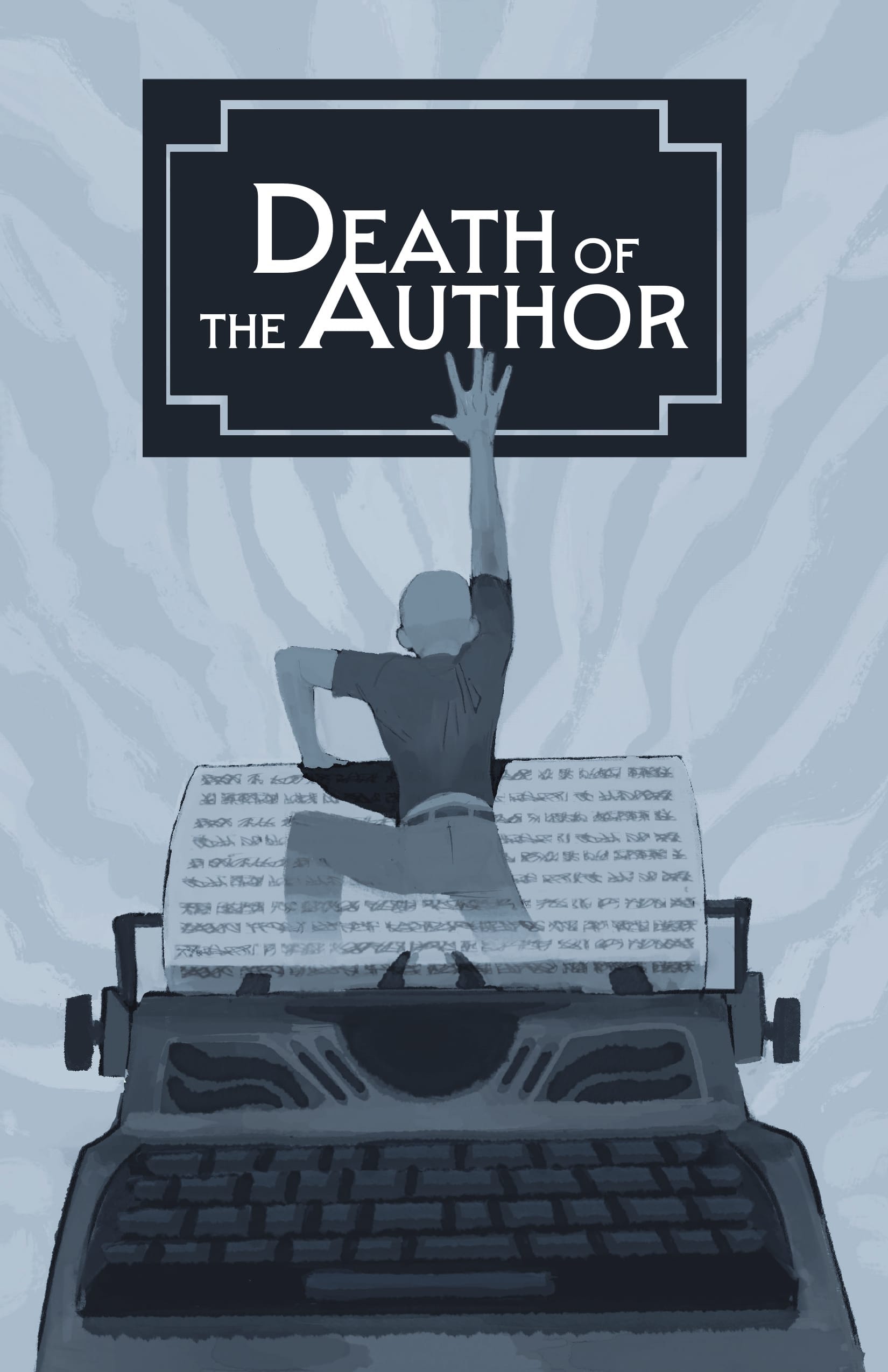 The cover art for Death of the Author. Depicts a character pulling themself out of a typewriter and reaching towards the sky.