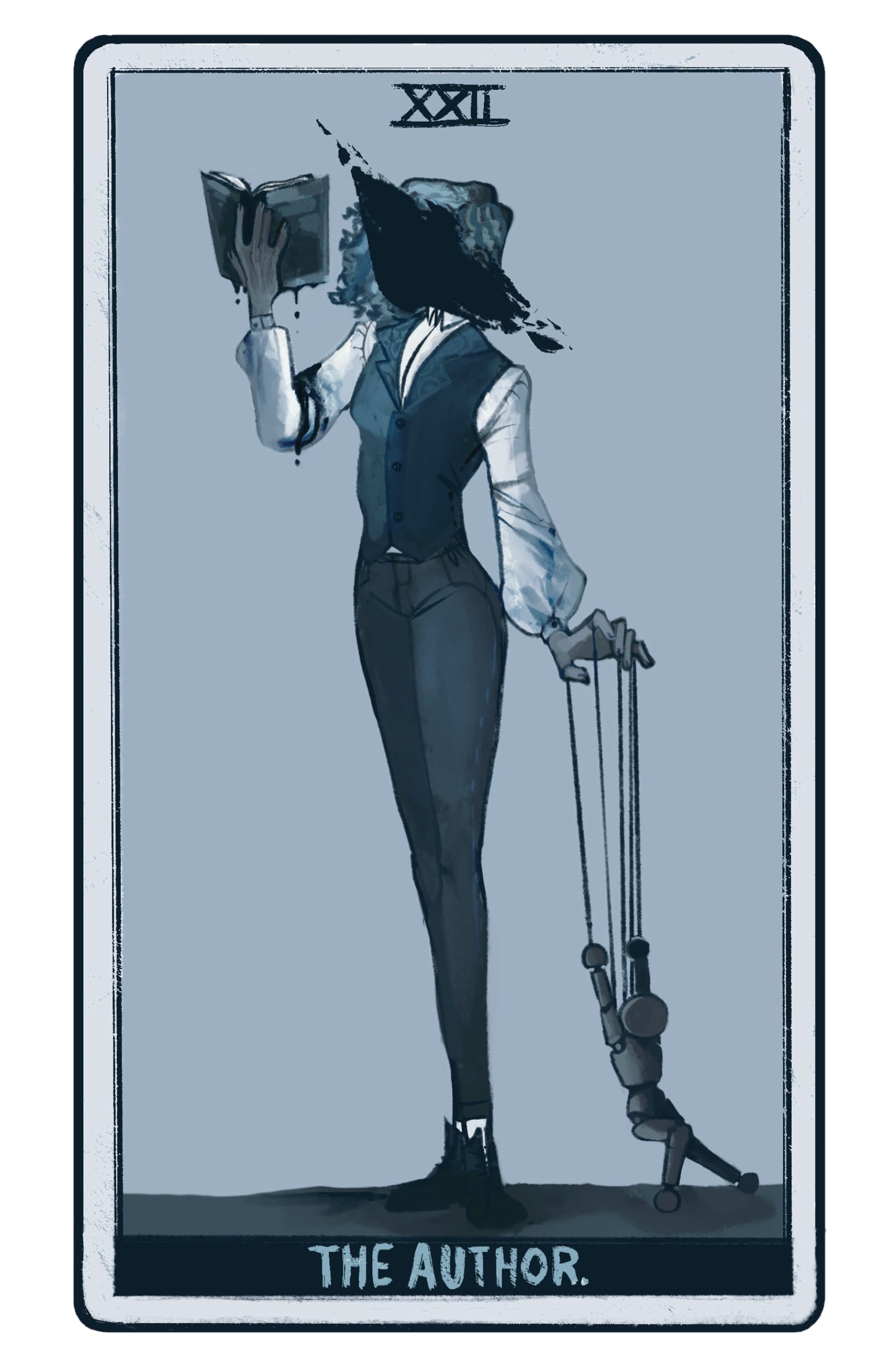 A tarot card for The Author. A woman stands with an open book in one hand an mannequin in the other. A smear of ink obscures her face.