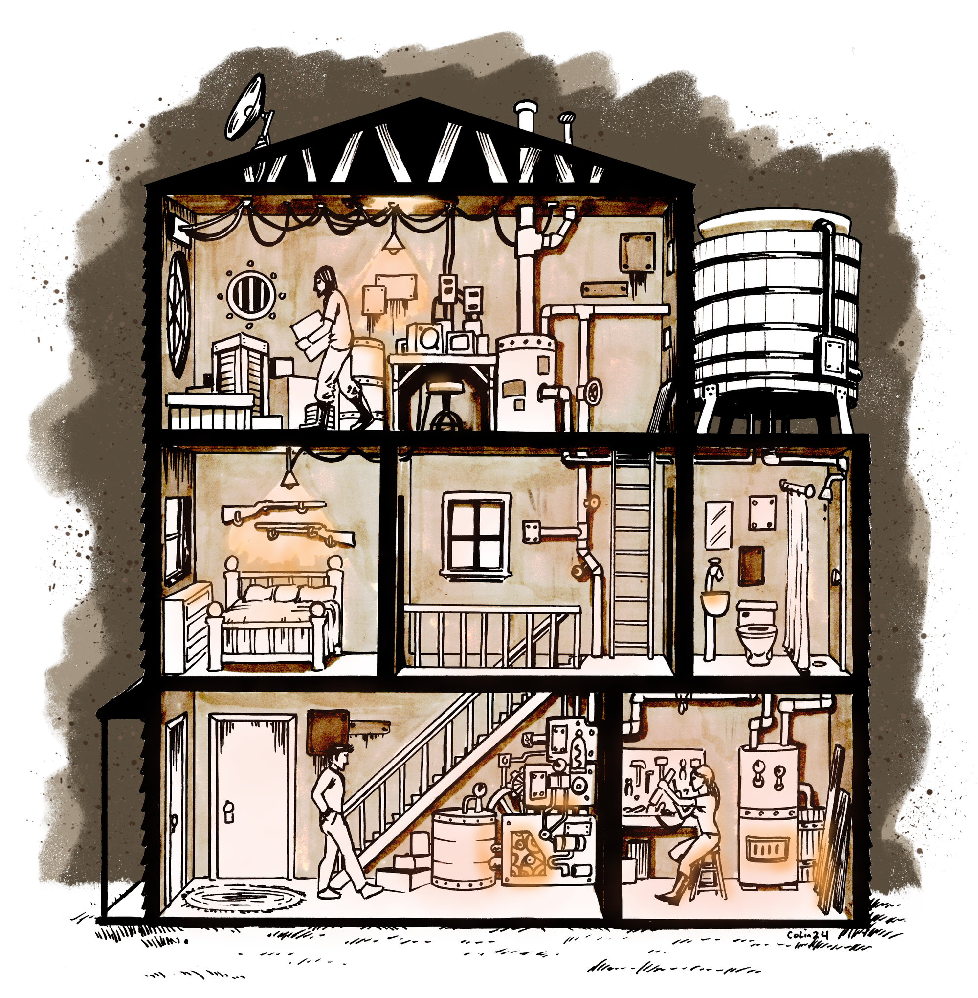 A three storey house that has been rebuilt from ruins.