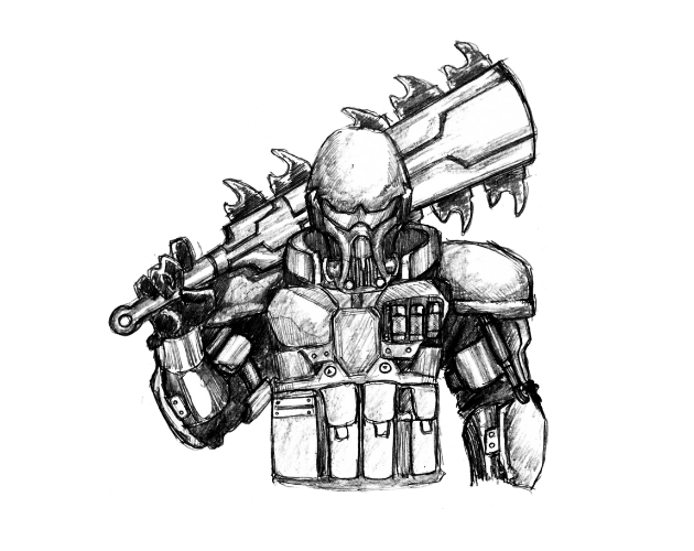 A RED BOAR, Z-KOM's elite forces, posing with his Macuahuitl: A piercing baton made to deal with XENOS at close range.
