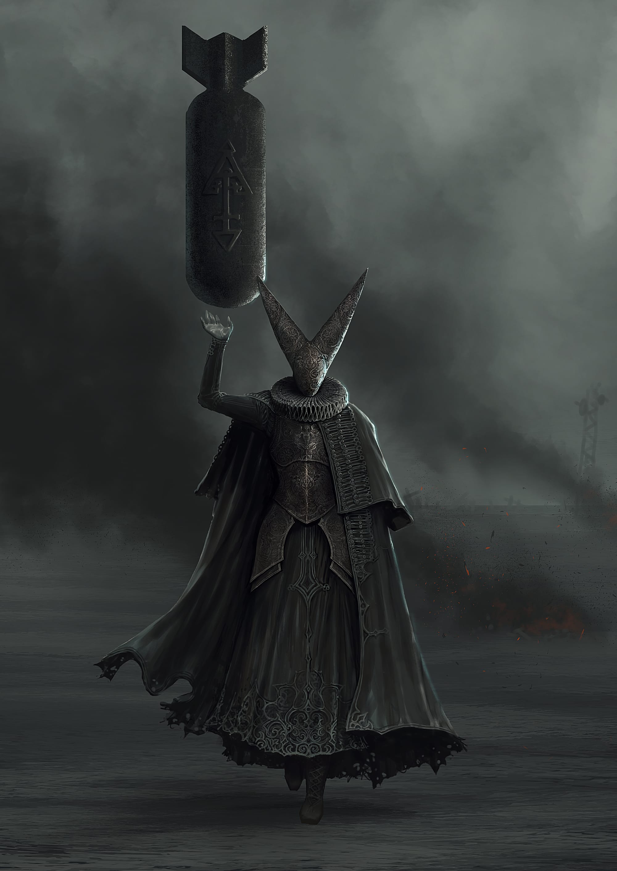An illustration of an Artillery Witch from Trench Crusade. A feminine-coded figure in a black dress and armour, an elaborate headdress, and levitating a large bomb.