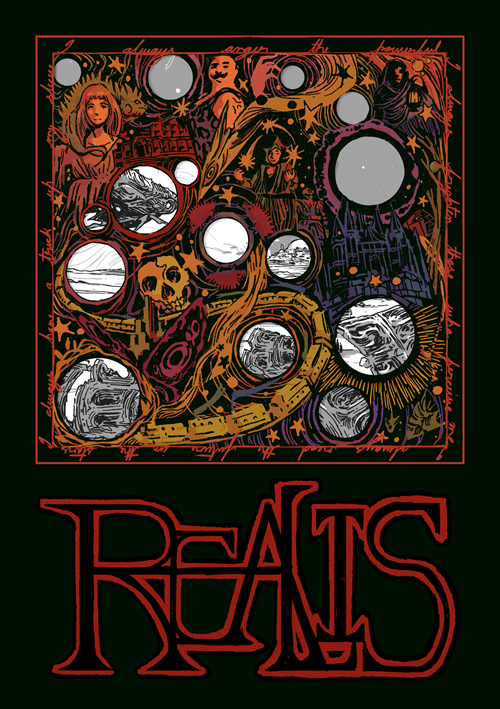 Cover art for Realis RPG. Title in black letters outlined in red. A complex illustration of faces, circles and a magical city.